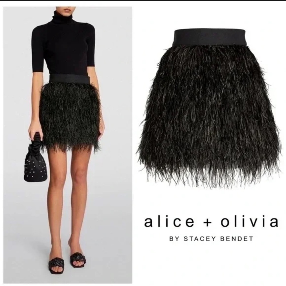 Alice + Olivia Cina ostrich feather Black Textured Mini Skirt